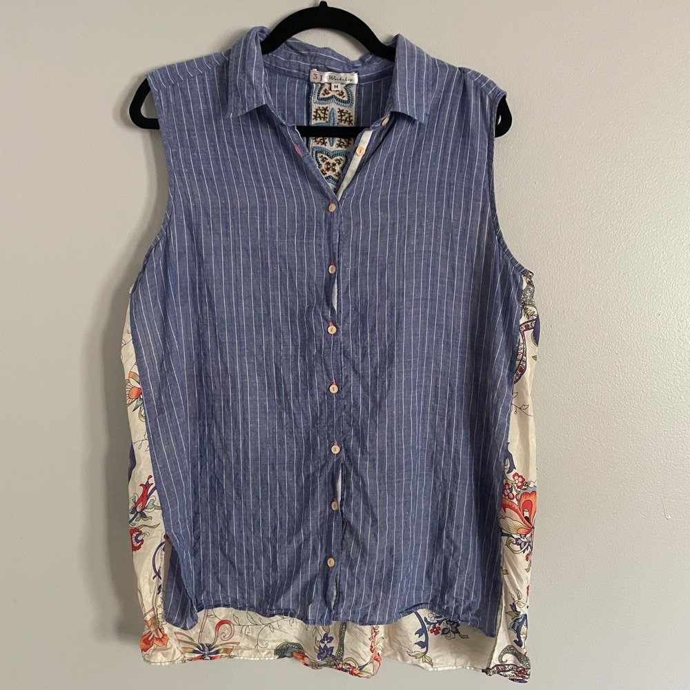 3J Workshop Sleeveless Top Johnny Was M Blue Pinstripe Silk Floral Mixed Media